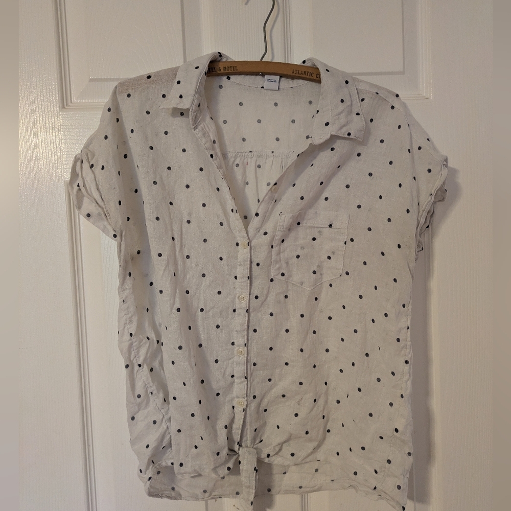 White black Polka Dot Button-Up Short Sleeve Blouse Linen Cotton Tie Front Boxy